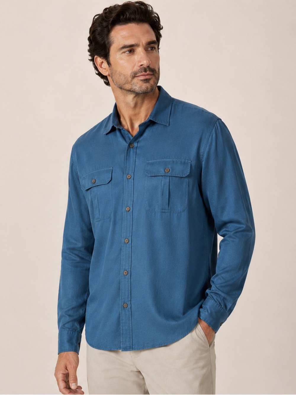 Tommy Bahama Men's 100% Silk Long Sleeve Button-Up Shirt Blue Teal Size M